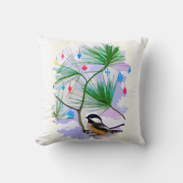 Chickadee Bird in Tree Pillow Kissen (Vorderseite)