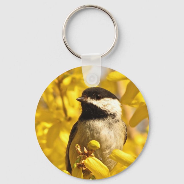 Chickadee Bird in Yellow Flowers Schlüsselanhänger (Vorderseite)