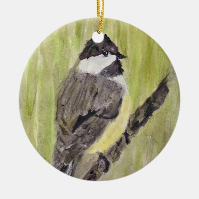 Chickadee Bird mit schwarzer Kappe - Acrylmalerei. Keramik Ornament (Vorne)