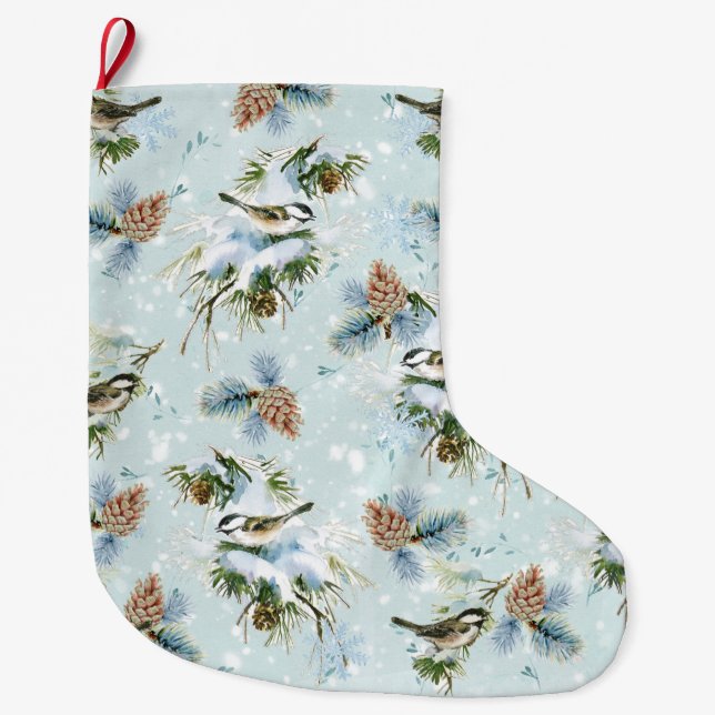 Chickadee Bird Pinecone Schnee Winterwein Aquamari Großer Weihnachtsstrumpf (Vorderseite)