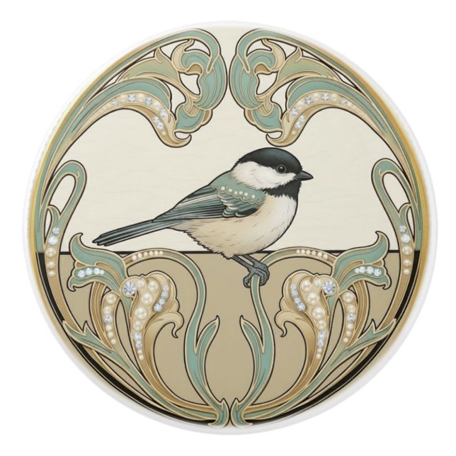 Chickadee Bird Sage Green & Gold Art Deco Nouveau Keramikknauf (Vorderseite)