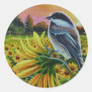 Chickadee Bird Sonnenblumen Farm Frische Pasta mac Runder Aufkleber
