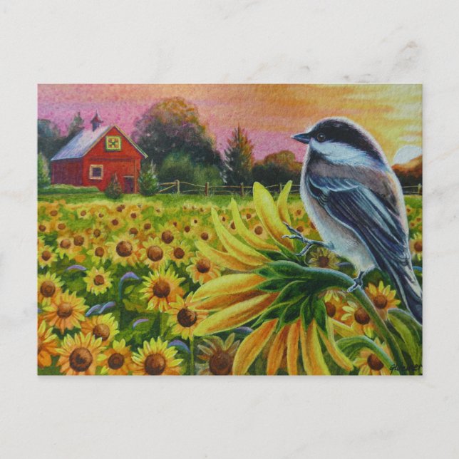 Chickadee Bird Sunflowers Roter Barcode Kunst, Dic Postkarte (Vorderseite)