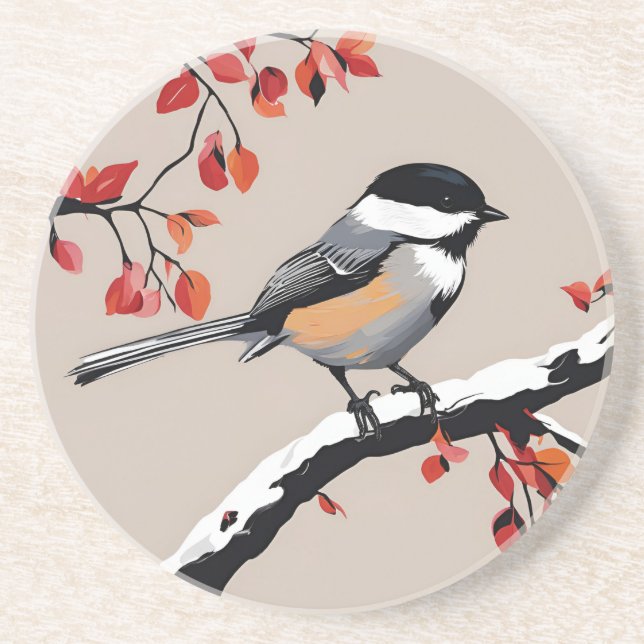 Chickadee Bird Tree Art Orange Blätter Getränkeuntersetzer (Vorne)