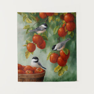 Chickadee Birds Apple Harvest Wandteppich