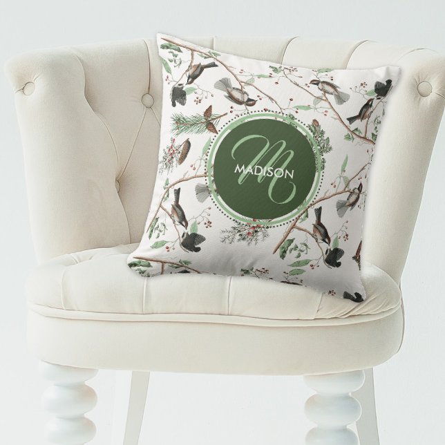 Chickadee Birds Berries & Pinecones Monogrammed Kissen (Chickadee Birds Berries & Pinecones Monogrammed Throw Pillow)