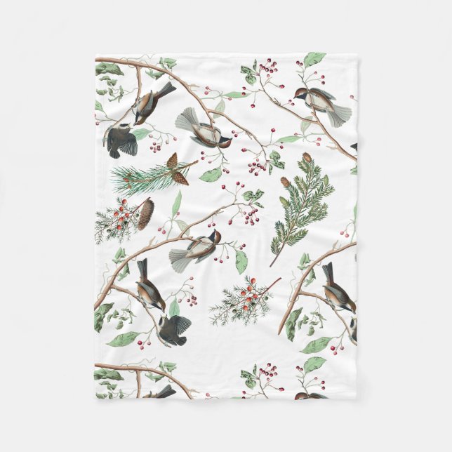 Chickadee Birds Berries & Pinecones Watercolor  Fleecedecke (Vorderseite)