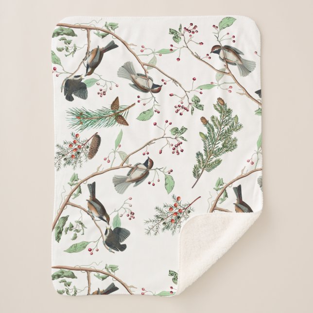 Chickadee Birds Berries & Pinecones Watercolor  Sherpadecke (Vorderseite)