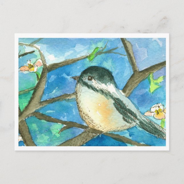 Chickadee Birds Rosa Blume Aquarellmalerei Postkarte (Vorderseite)