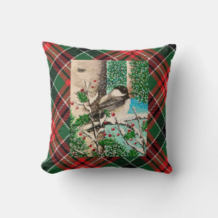 Chickadee de Noël Chatter Plaid Coussin