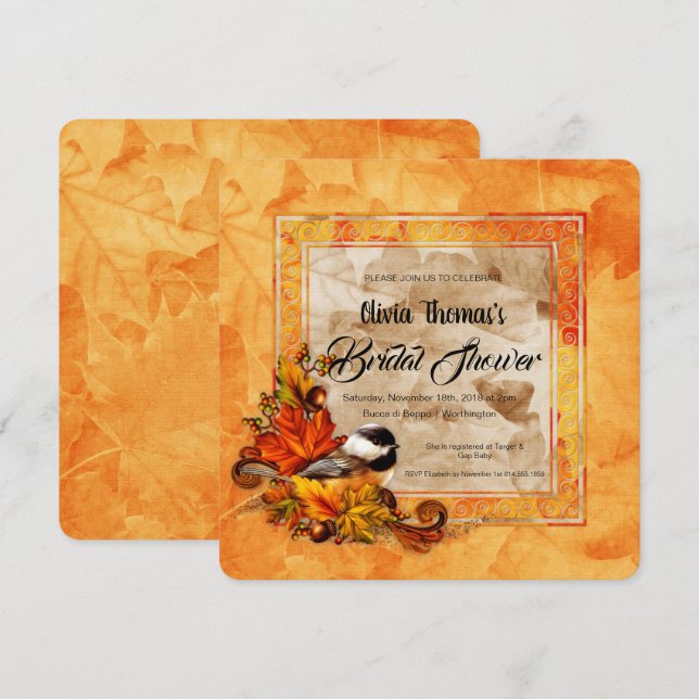 Chickadee & Golden Autumn Leaves Brautparty Einladung (Vorne/Hinten)