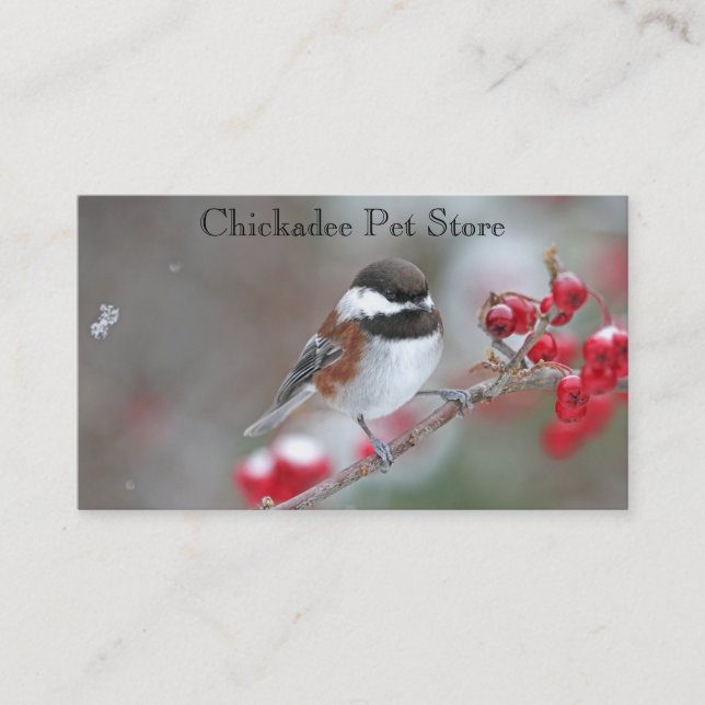 Chickadee in fallendem Schnee mit roten Beeren Visitenkarte (Vorderseite)