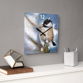Chickadee Niedliche Wintermalerei Quadratische Wanduhr