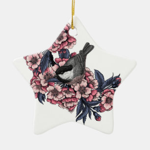Chickadee on a blooming cherry branch keramik ornament