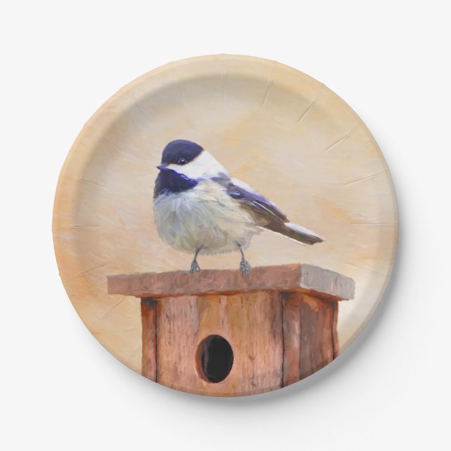 Chickadee on Birdhouse Painting Original Bird Art Pappteller (Vorderseite)