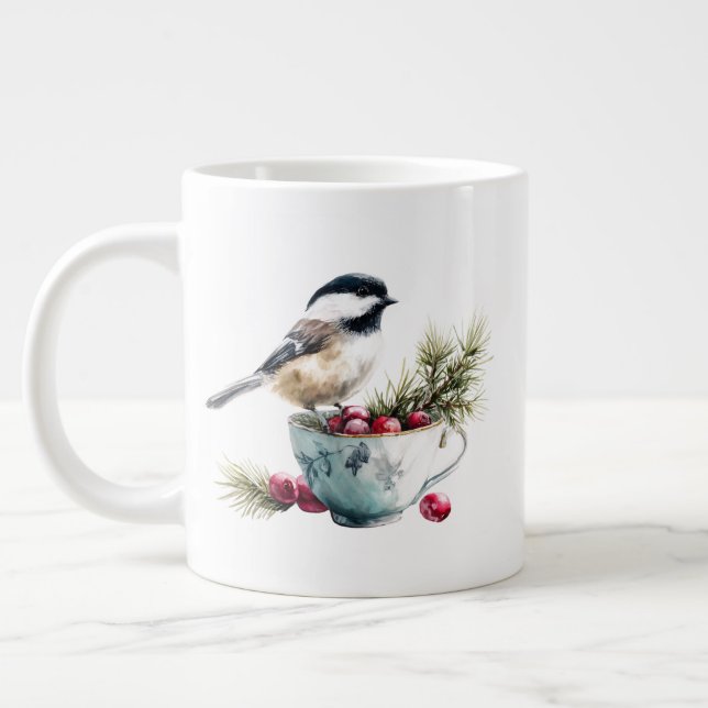 Chickadee on Teacup With Cranberries Jumbo-Tasse (Links)