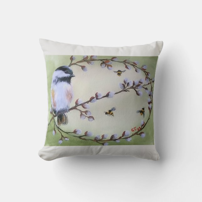 Chickadee Pussy Willows Bienen Kissen Kissen (Vorderseite)