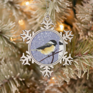 Chickadee Schneeflocken Zinn-Ornament