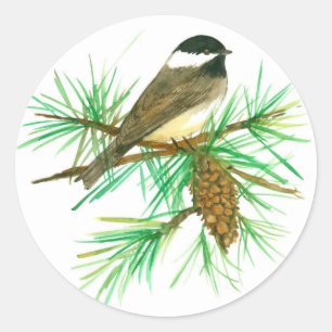 Chickadee, schwarz, weißer Pine Cone Tassel Runder Aufkleber