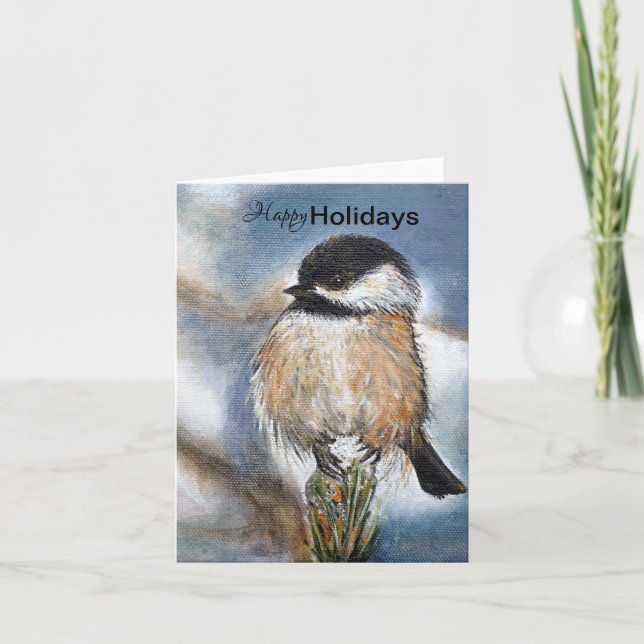 Chickadee Snow Winter Happy Holidays Feiertagskarte (Vorderseite)