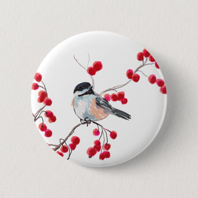 CHICKADEE u. ROTE BEEREN durch SHARON SHARPE Button (Vorderseite)
