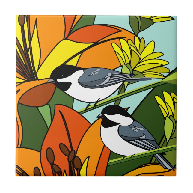 Chickadee und Blume Fliese (Vorderseite)