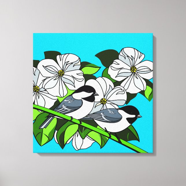 Chickadee unter Dogwood-Blume Leinwanddruck (Vorderseite)