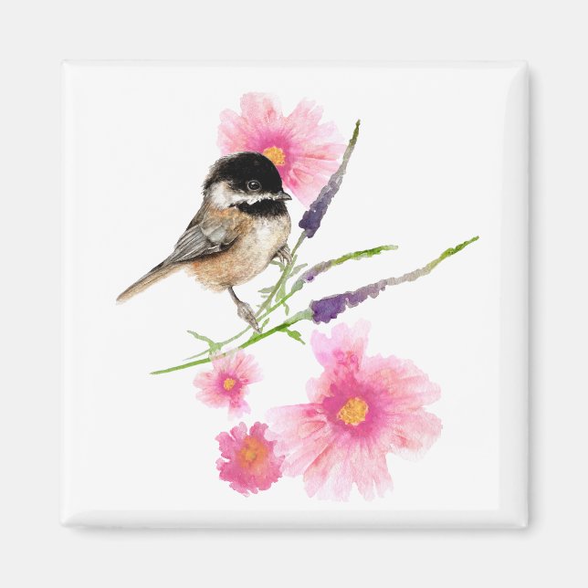 Chickadee Watercolor Bird Pink Blume Magnet (Vorne)