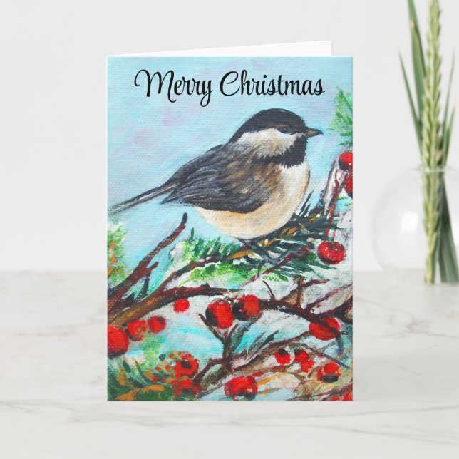 Chickadee Winter Frohe Weihnachten Karte (Vorderseite)