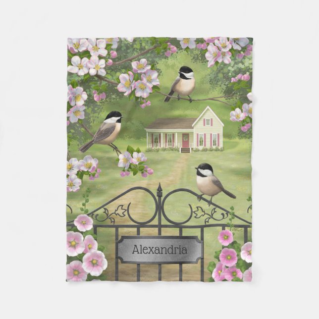 Chickadees Blume Viktorianisch Bauernhof Fleecedecke (Vorderseite)