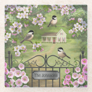 Chickadees Blume Viktorianisch Bauernhof Glasuntersetzer