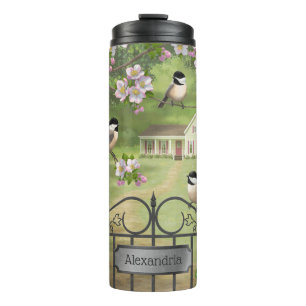 Chickadees Blume Viktorianisch Bauernhof Thermosbecher