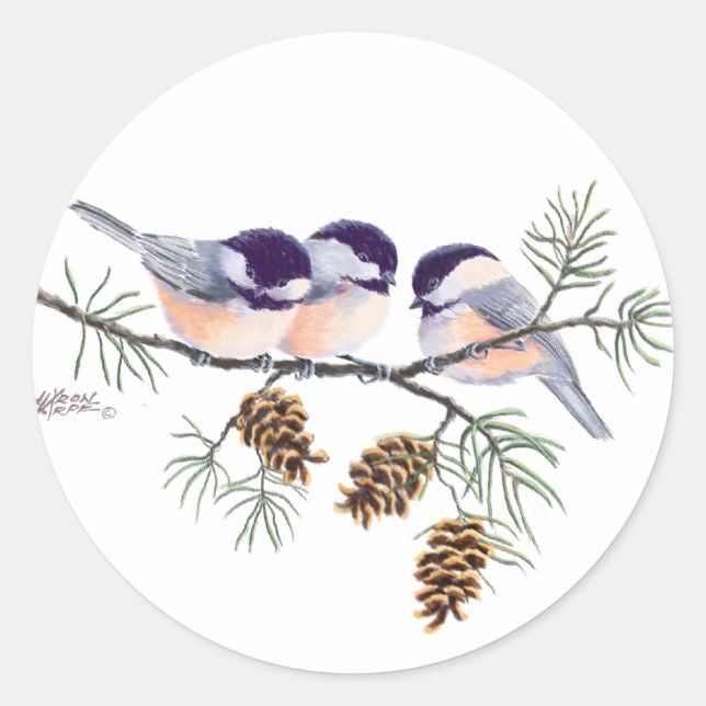 CHICKADEES & PINECONES VON SHARON SHARPE RUNDER AUFKLEBER (Vorderseite)