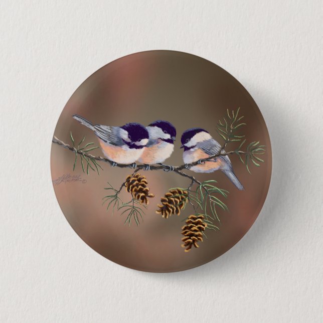 CHICKADEES u. PINECONES durch SHARON SHARPE Button (Vorderseite)