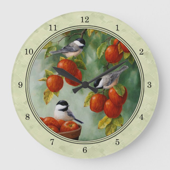 Chickadees und Apfelbaum grün Große Wanduhr (Vorderseite)
