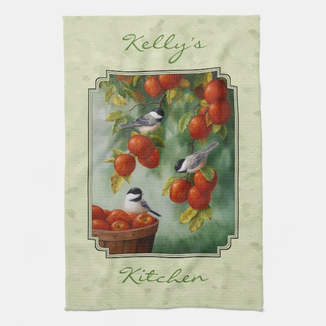 Chickadees und Apfelbaum grün Handtuch (Vertikal)