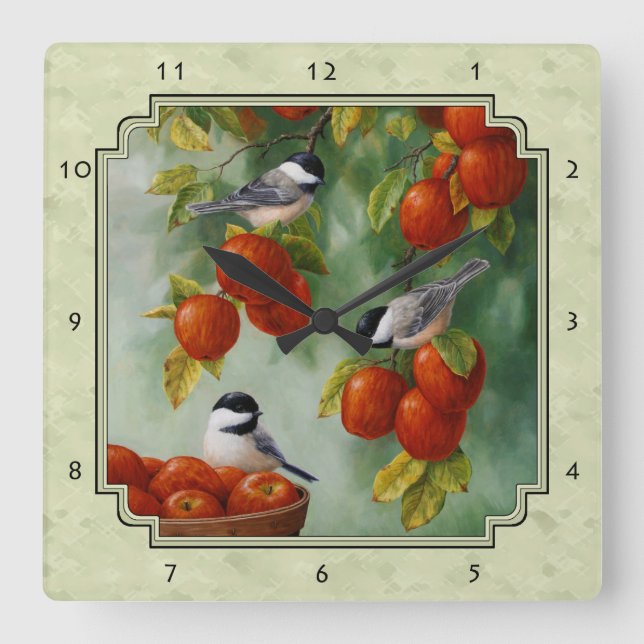 Chickadees und Apfelbaum grün Quadratische Wanduhr (Vorderseite)
