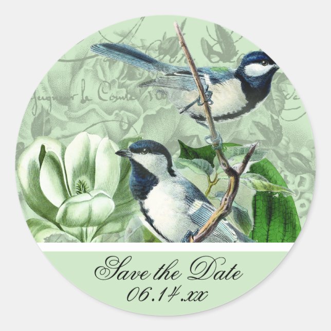 Chickadees und Magnolias Save the Date Stickers (Vorderseite)