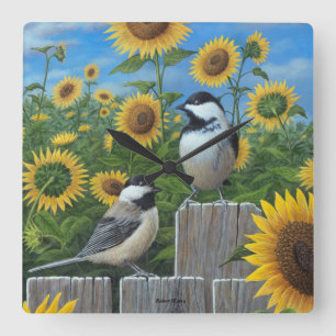 Chickadees und Sonnenblume-Wanduhr Quadratische Wanduhr