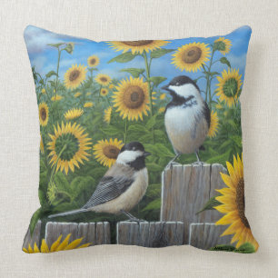 Chickadees und Sonnenblumen Kissen
