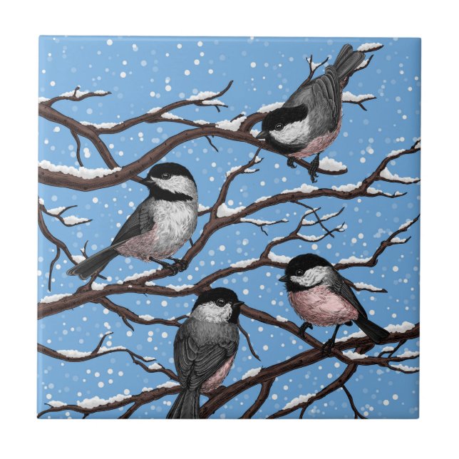 Chickadei im Winter Fliese (Vorderseite)