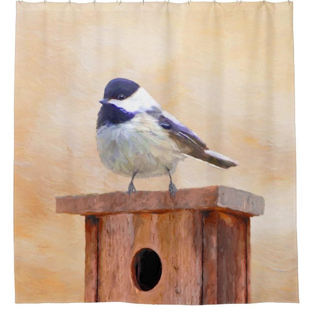 Chickadeo auf Birdhouse Malerei Original Bird Art Duschvorhang (Vorderseite)