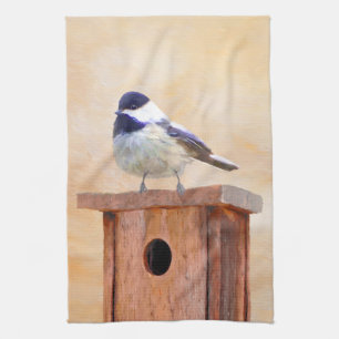 Chickadeo auf Birdhouse Malerei Original Bird Art Geschirrtuch