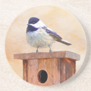Chickadeo auf Birdhouse Malerei Original Bird Art Getränkeuntersetzer