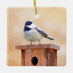 Chickadeo auf Birdhouse Malerei Original Bird Art Keramikornament
