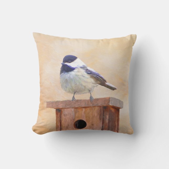Chickadeo auf Birdhouse Malerei Original Bird Art Kissen (Vorderseite)