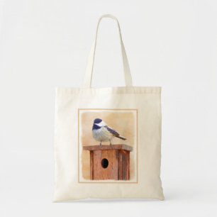 Chickadeo auf Birdhouse Malerei Original Bird Art Tragetasche