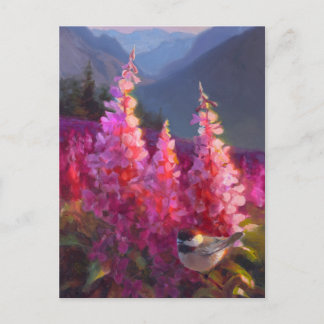 Chickadeon Alaskan Wildblumen mit Bergen Postkarte