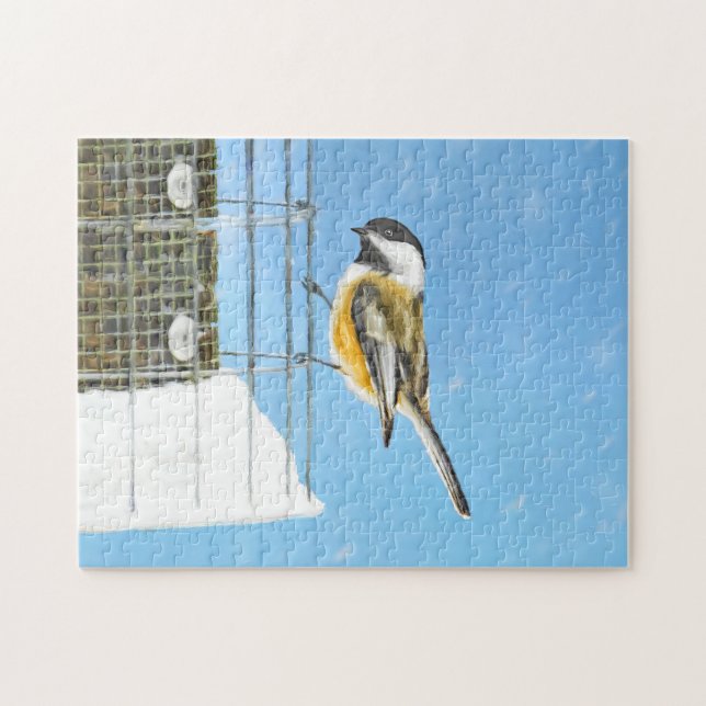 Chickadeon Feeder Painting - Original Bird Art (Horizontal)