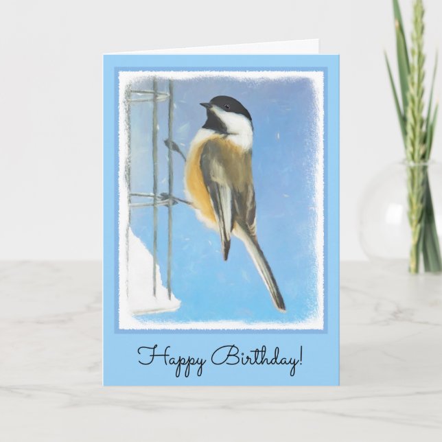 Chickadeon Feeder Painting - Original Bird Art Karte (Vorderseite)